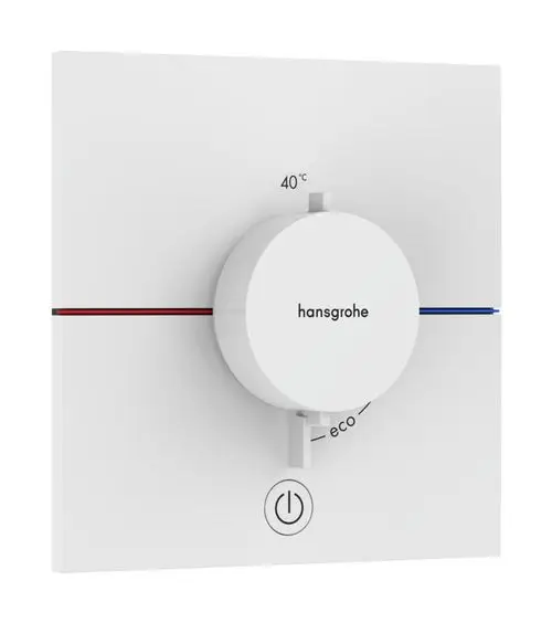 Thermostat von Hansgrohe in Mattweiß mit drehbarem Regler zur Temperatureinstellung und einem Schalter. Design für die Unterputzmontage.